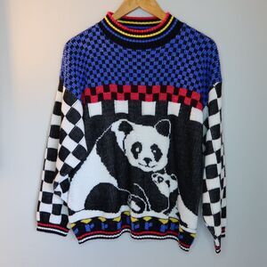 80s Custom Design Panda Bear Sweater Womens L Checkerboard USA 1980s